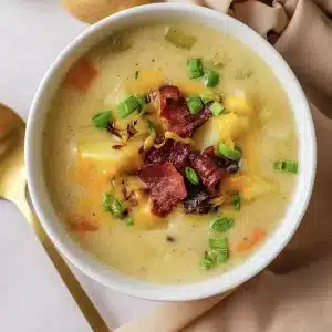 A single bowl of potato soup topped with bacon and melted cheddar