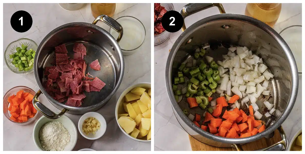 Two steps: bacon crisping in a heavy pot, then onion, celery and carrot softening