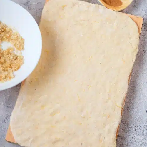 The dough rectangle on the board with the bowl of crumbly filling, softened butter and spice beside it