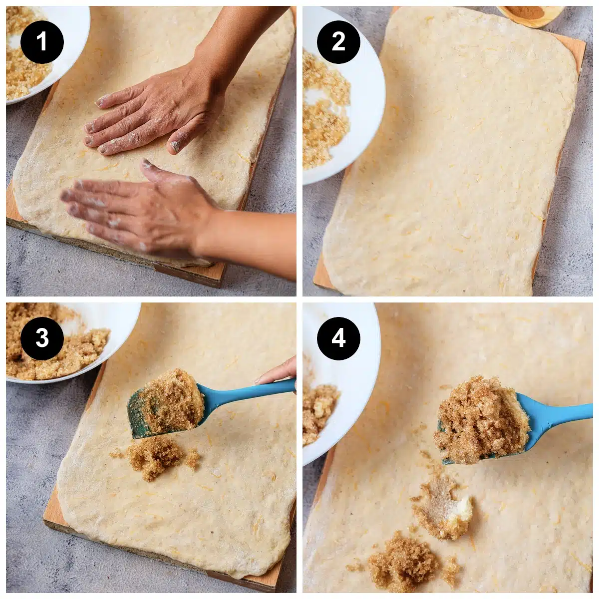 Four steps: hands pressing the dough into a rectangle on a board, the dough rectangle with the filling bowl beside it, and the brown sugar filling spooned over the dough