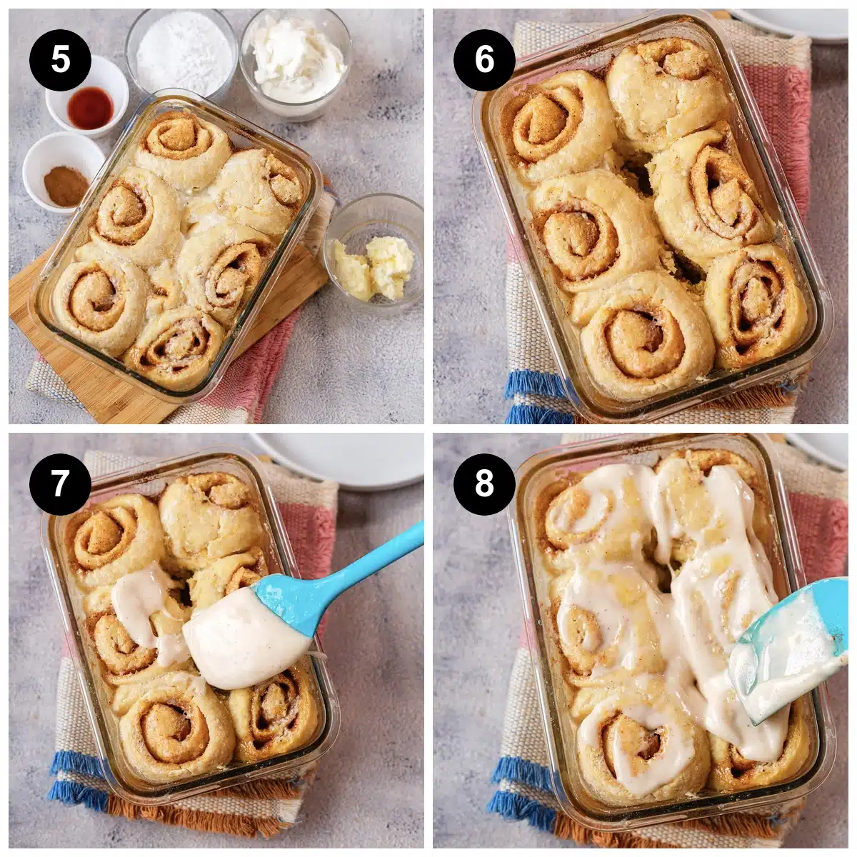 Four steps: risen rolls in a glass dish with the frosting ingredients beside it, the baked rolls golden, and cream cheese frosting spread over the top with a spatula