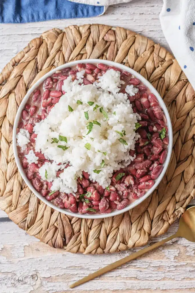 Red beans and rice viewed from directly above in a white bowl