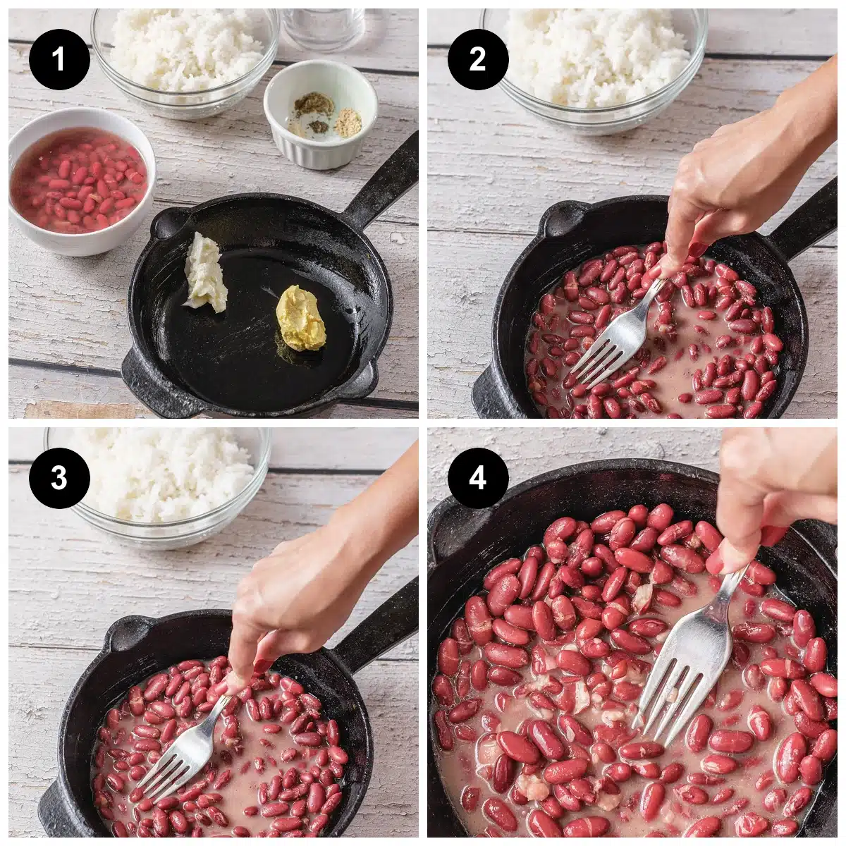 Four steps: the fat melting in the pan, the pot filling, a long simmer, then everything folded together