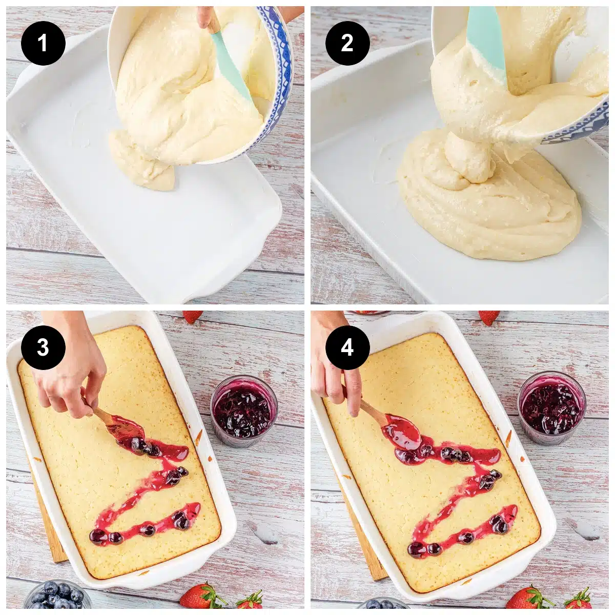 Four steps: batter poured into the white dish, spread level, then warm fruit conserve spooned over the finished slab