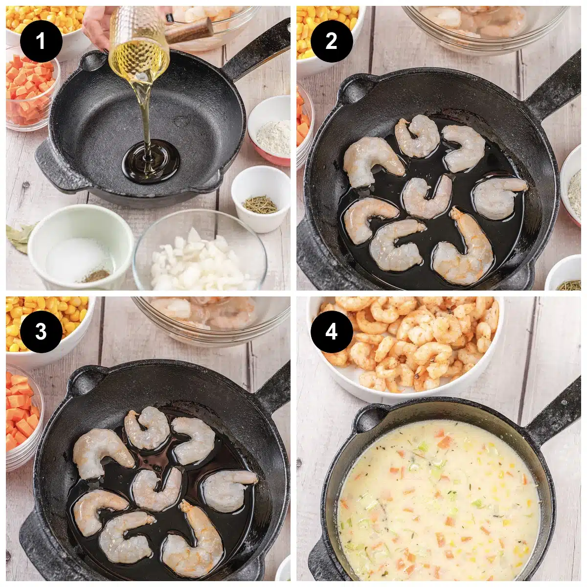 Four steps: oil into the pan, seafood searing on both sides, then the pot simmering