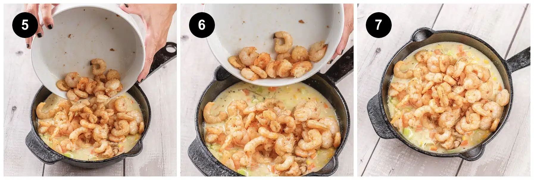Three steps: the seared pieces tipped back into the pan, then the finished pot