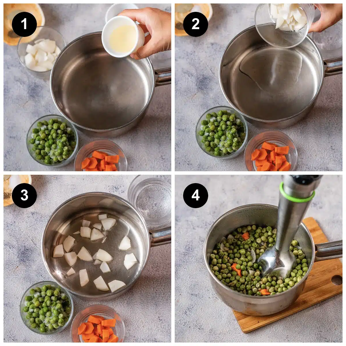 Four steps: olive oil into the pot, onion added, onion simmering in water, then peas and carrot blended smooth with a stick blender