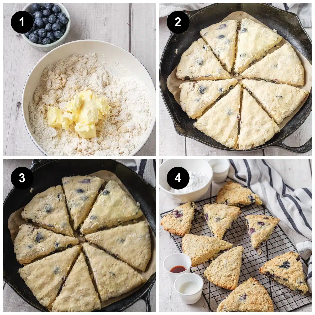 Four steps: butter cut into flour, the raw wedges in a skillet, then the baked batch on a rack