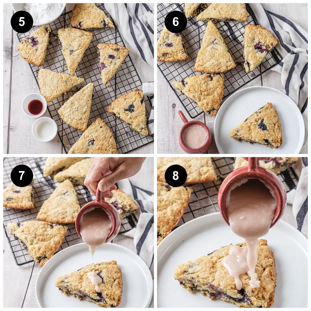 Four steps: the baked wedges on a rack, then pale glaze poured from a red mug over one