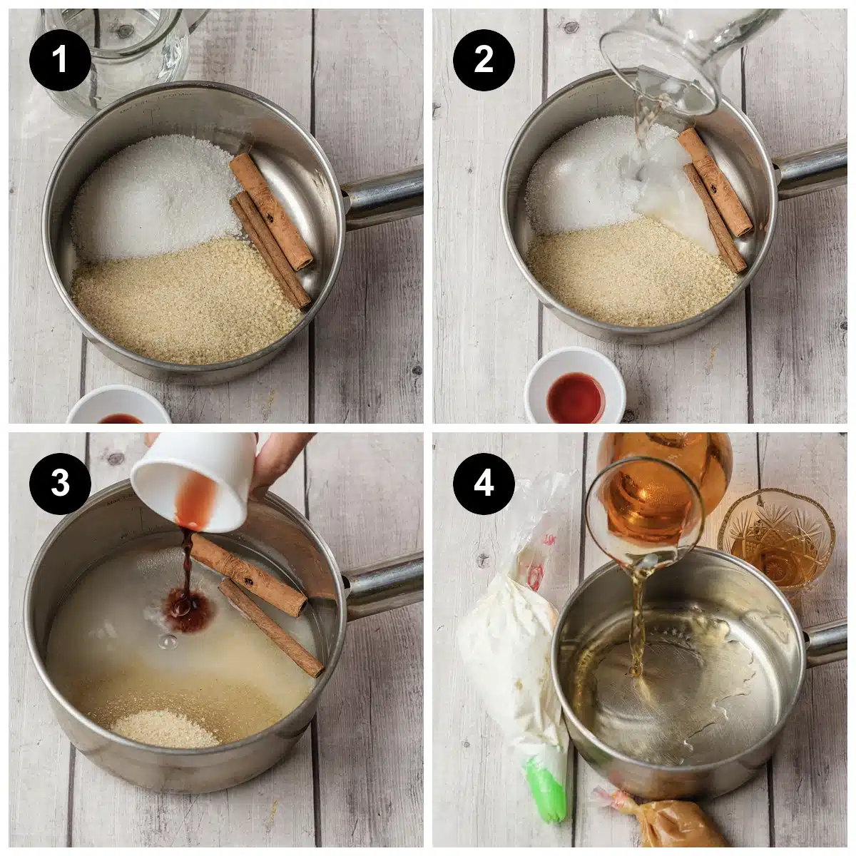 Four steps: sugars and a cinnamon stick in a saucepan, water poured in, vanilla added, then juice poured into a pan