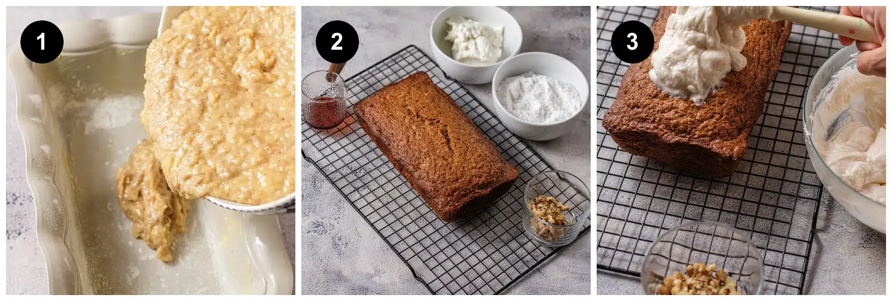 Three steps: batter poured into the pan, the baked gingerbread loaf cooling, then frosting spread on top