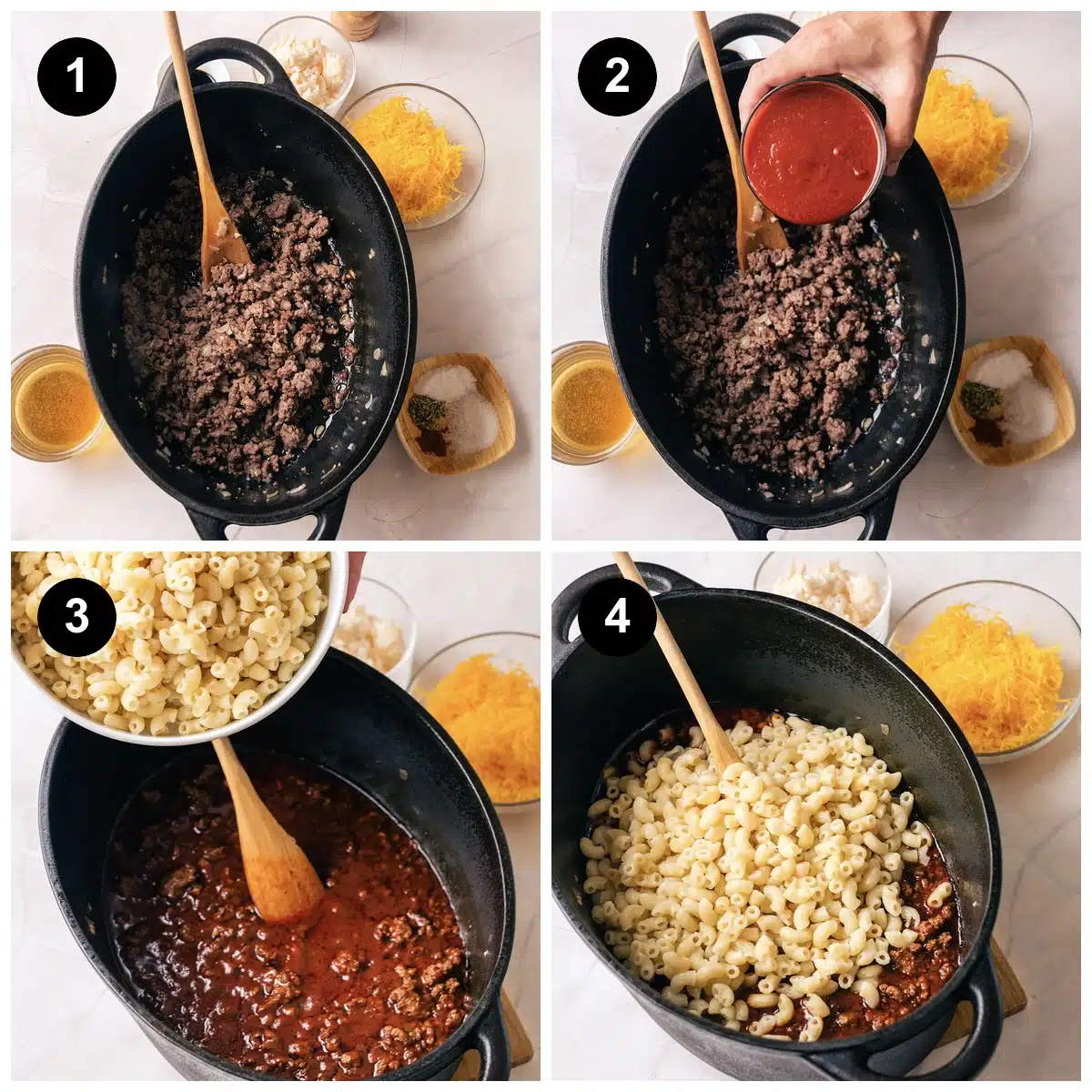 Four steps: browned ground beef in a black pot, tomato sauce poured over it, cooked corkscrew pasta tipped into the sauce, and the pasta stirred through