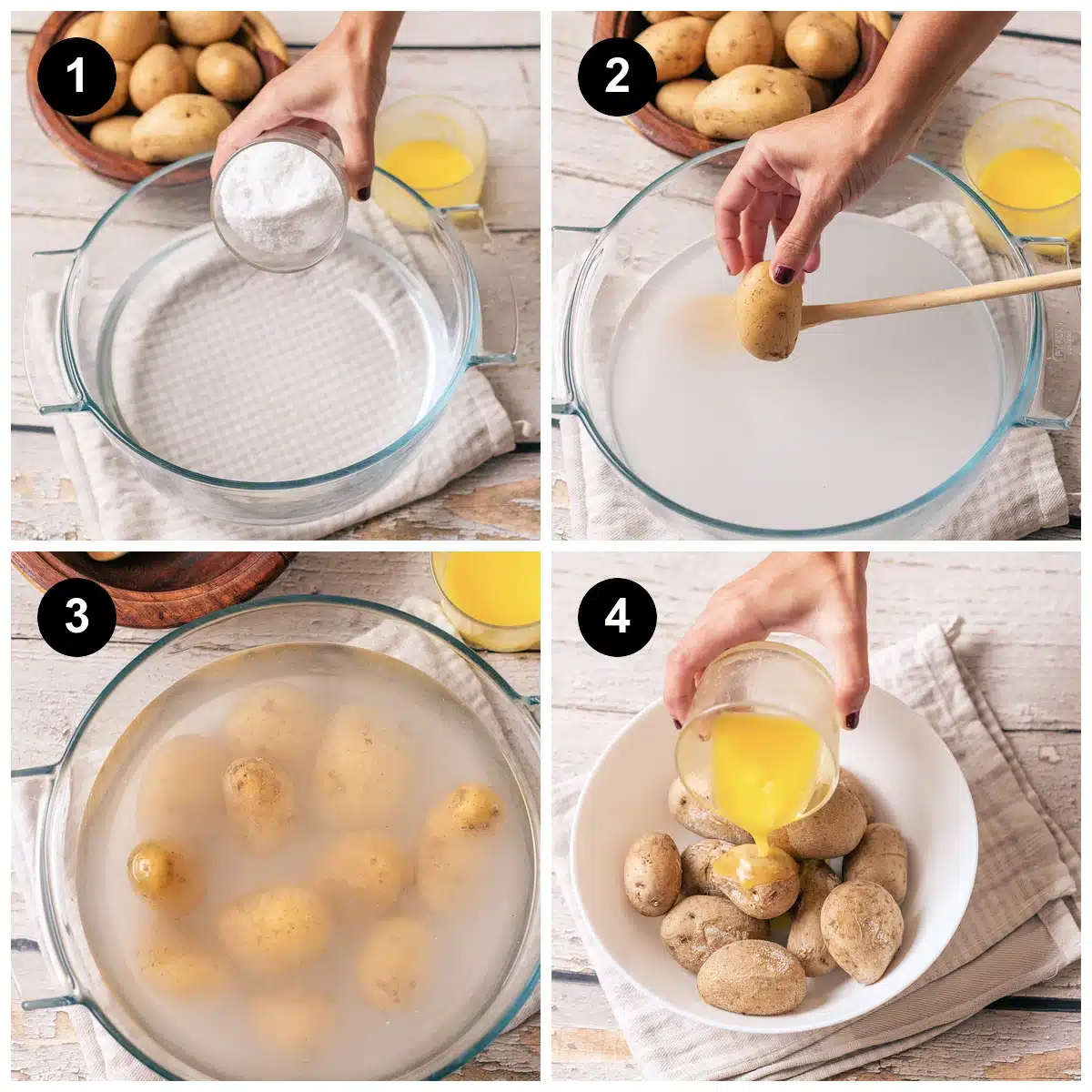 Four steps for salt potatoes: fine salt poured into a dish of water, a potato lowered into the brine, the potatoes simmering, and melted butter poured over the drained potatoes