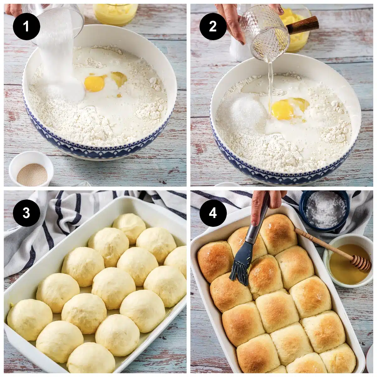 Four steps: sugar poured into flour, liquid added, shaped dough risen in a dish, then butter brushed on top