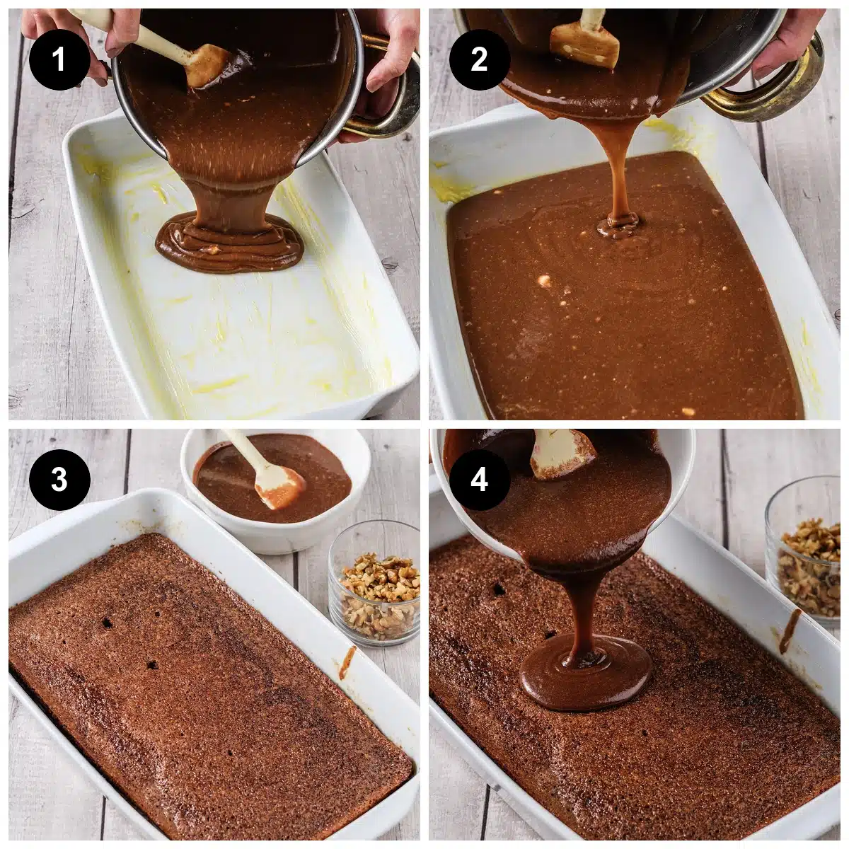 Four steps: batter poured into the pan, spread level, baked, then icing poured over