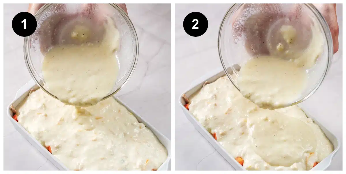 Two steps: batter poured over the filling, then the broth mixture poured on top