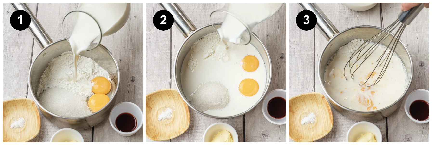 Three steps: milk poured into a saucepan over sugar, cornstarch and egg yolks, more milk added, then the mixture whisked smooth