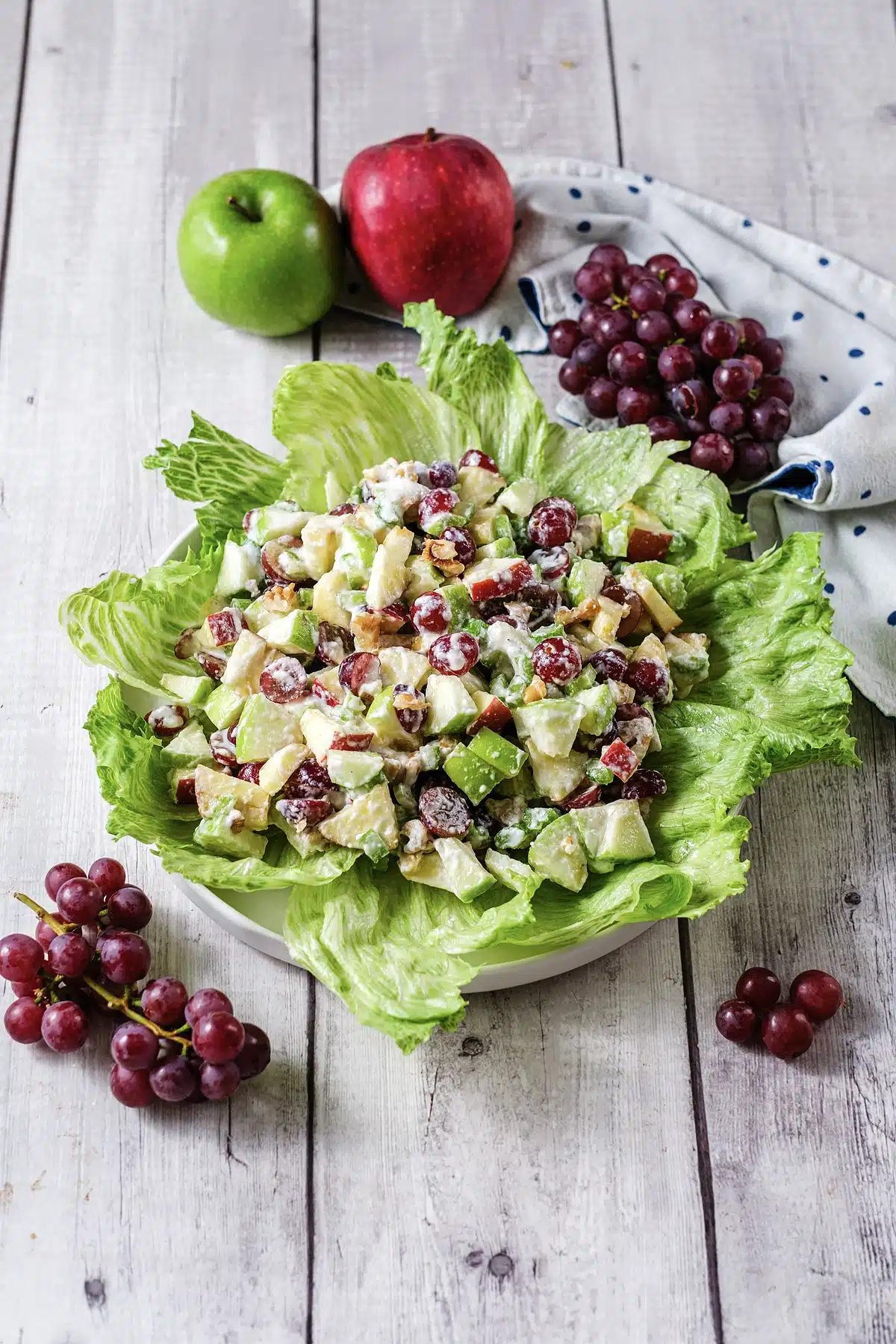 Classic Waldorf salad in a white bowl with apples and grapes alongside