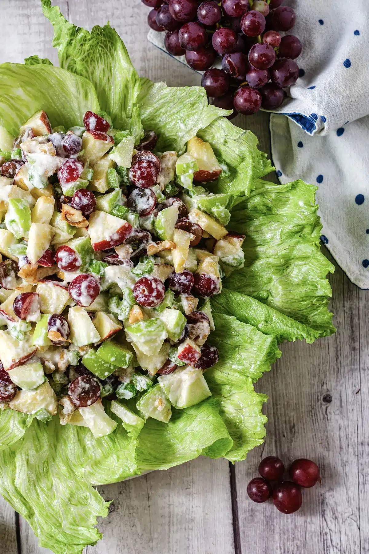 Classic Waldorf salad seen from above with a serving spoon at the edge