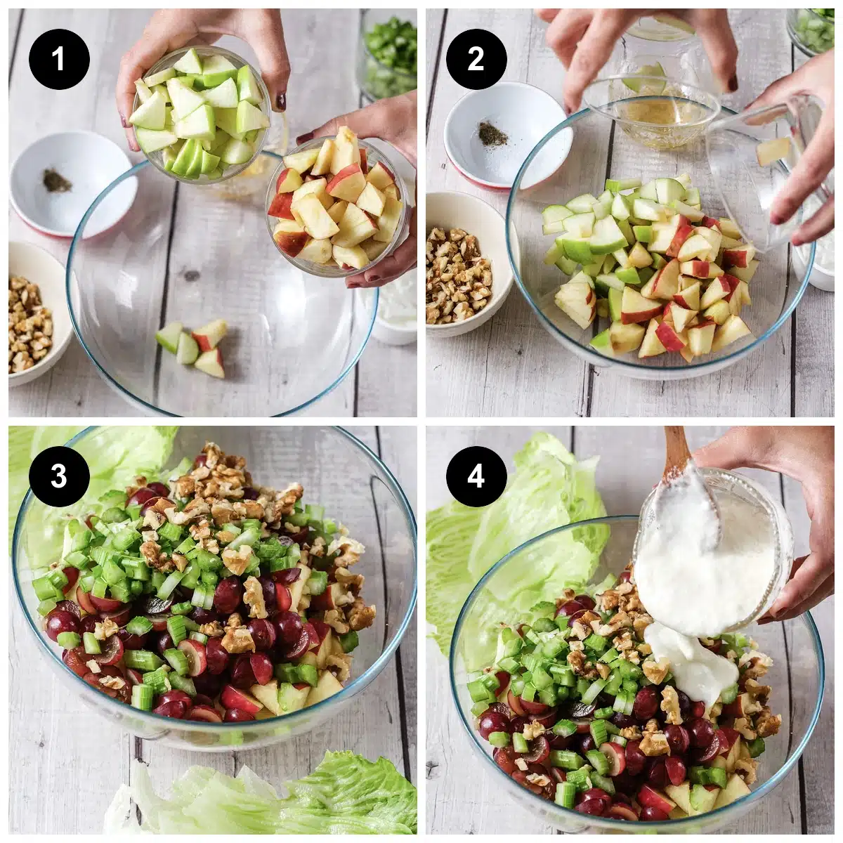 Four steps: apples tipped into a glass bowl, lemon juice poured over, the fruit and nuts layered, then the dressing added