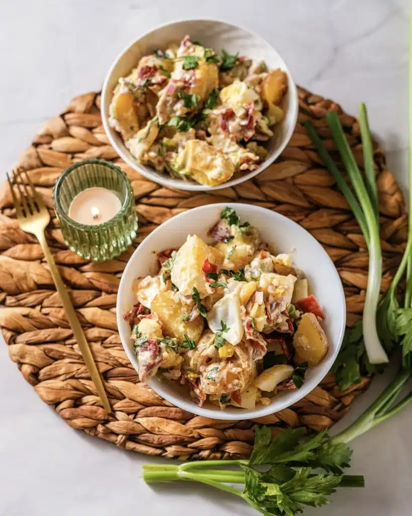 Potato salad with bacon and egg in two white bowls on a round woven mat with a candle, a gold fork and celery, seen from directly above