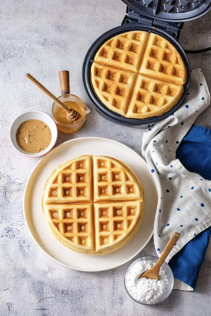 Bisquick waffles stacked on a white plate, seen from directly above, with the waffle iron, honey and powdered sugar around it