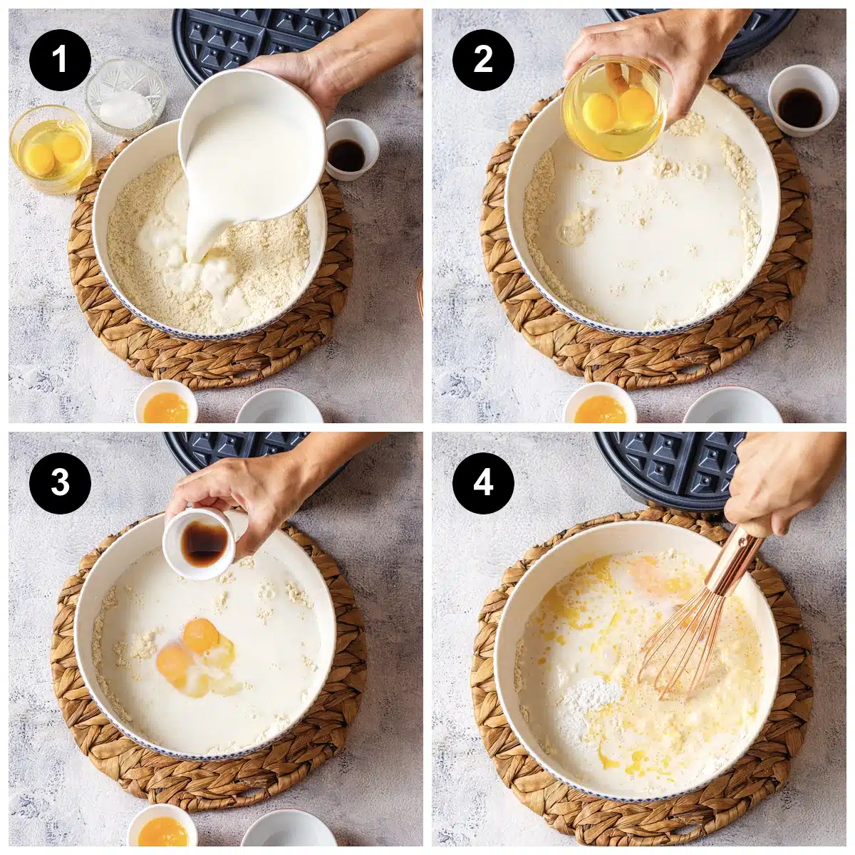 Four steps: milk poured into the baking mix, eggs added, vanilla added, then the batter whisked with a wire whisk