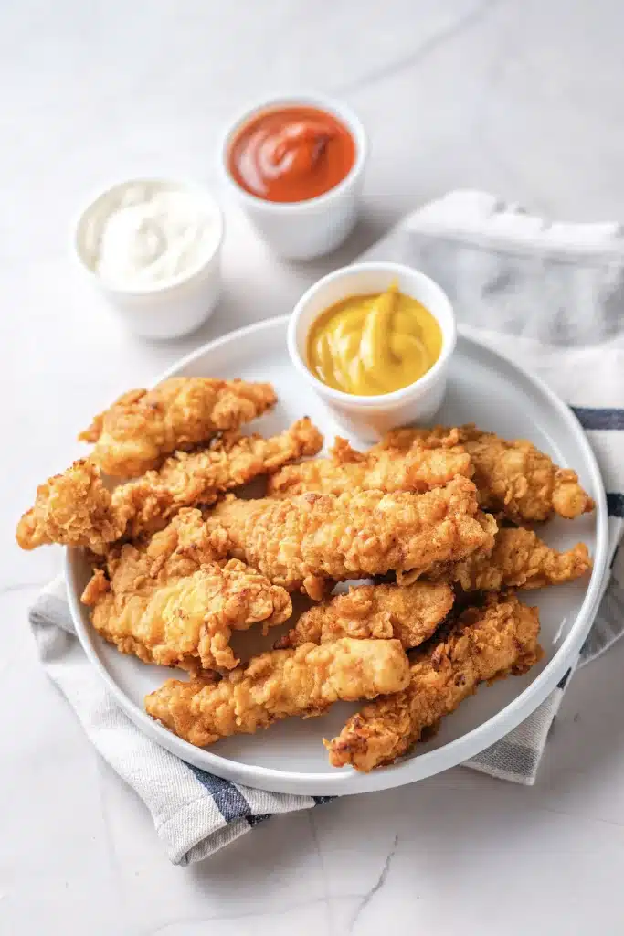 Buttermilk fried chicken tenders on a white plate with three dips, seen from directly above on a striped towel