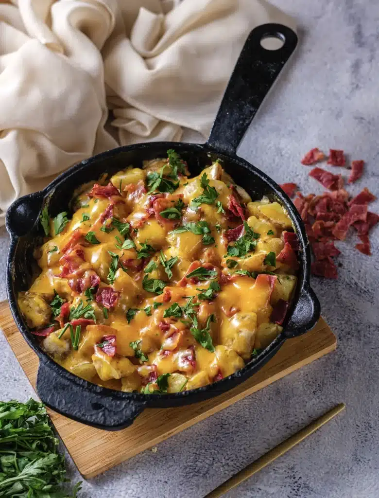 Cheesy ranch potatoes in a cast-iron skillet topped with melted cheddar, chopped turkey bacon and parsley, seen from directly above