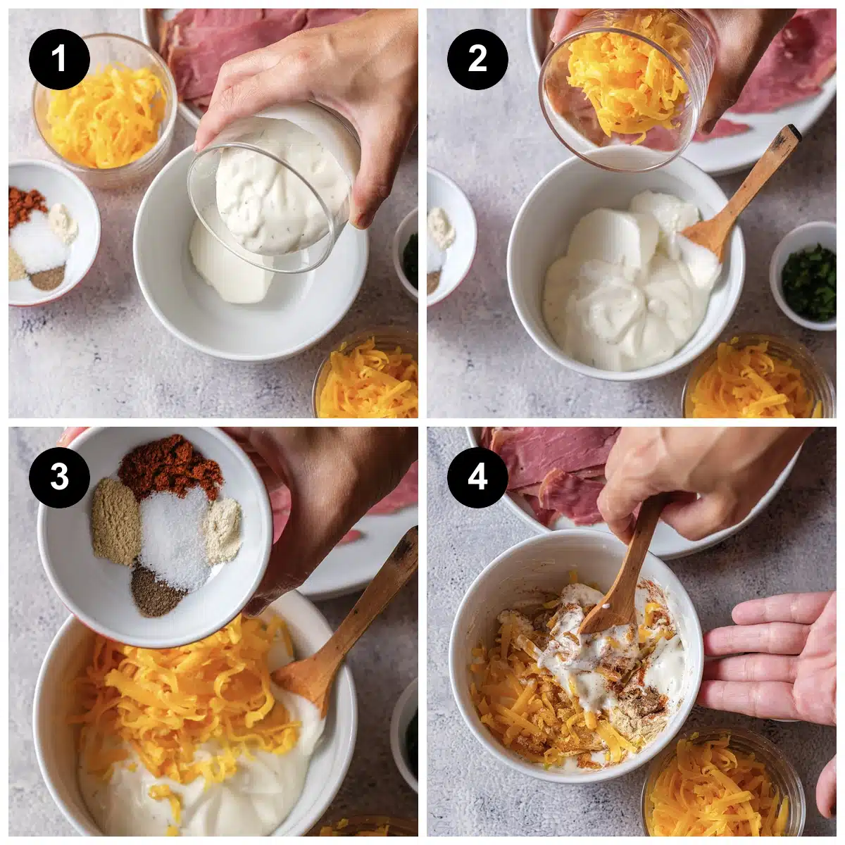 Four steps: sour cream spooned into a bowl of dressing, shredded cheddar added, spices tipped in, then the sauce stirred with a wooden spoon