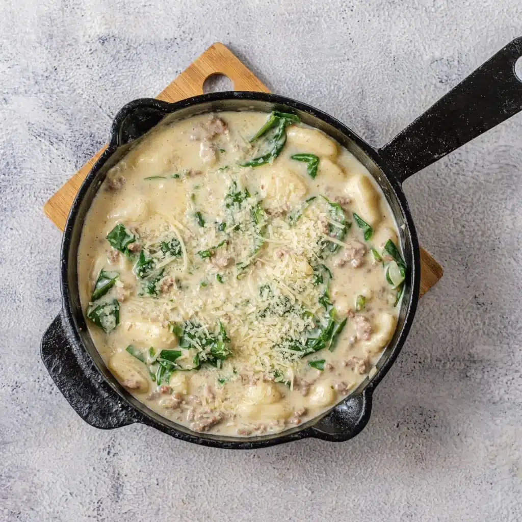 Creamy sausage gnocchi soup, the thick skillet version, in a cast-iron pan on a wooden board seen from directly above