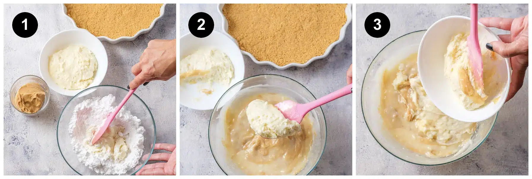 Three steps: cream cheese and powdered sugar beaten in a bowl, the filling base mixed smooth, then whipped topping folded through