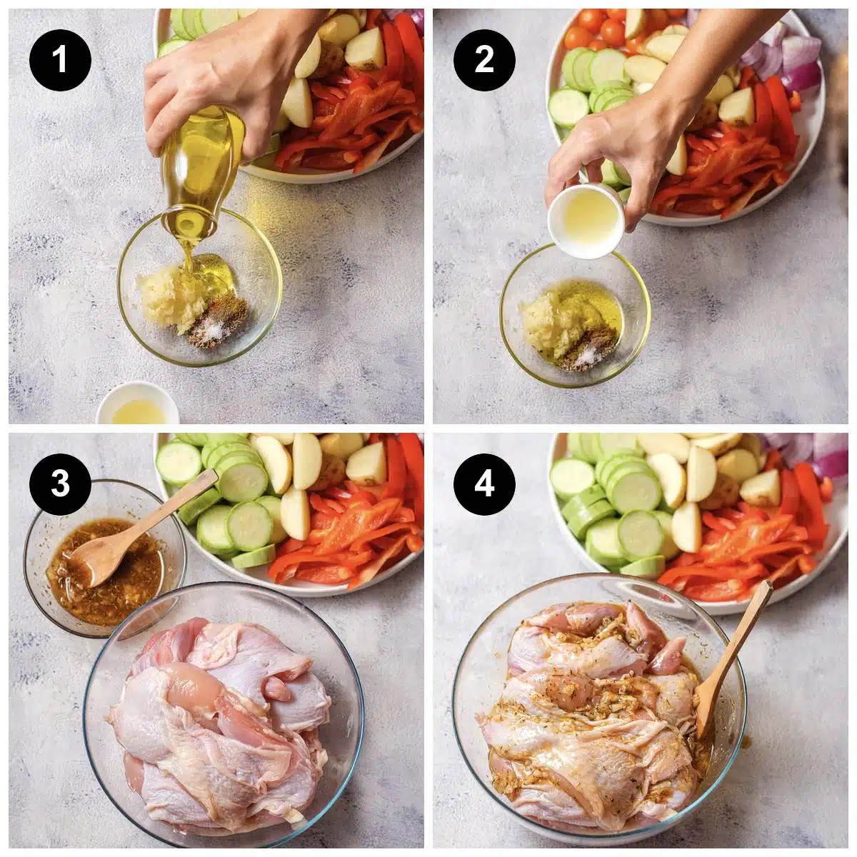 Four steps: olive oil poured over garlic and spices, lemon juice added, the marinade next to a bowl of raw thighs, then the thighs tossed in the marinade