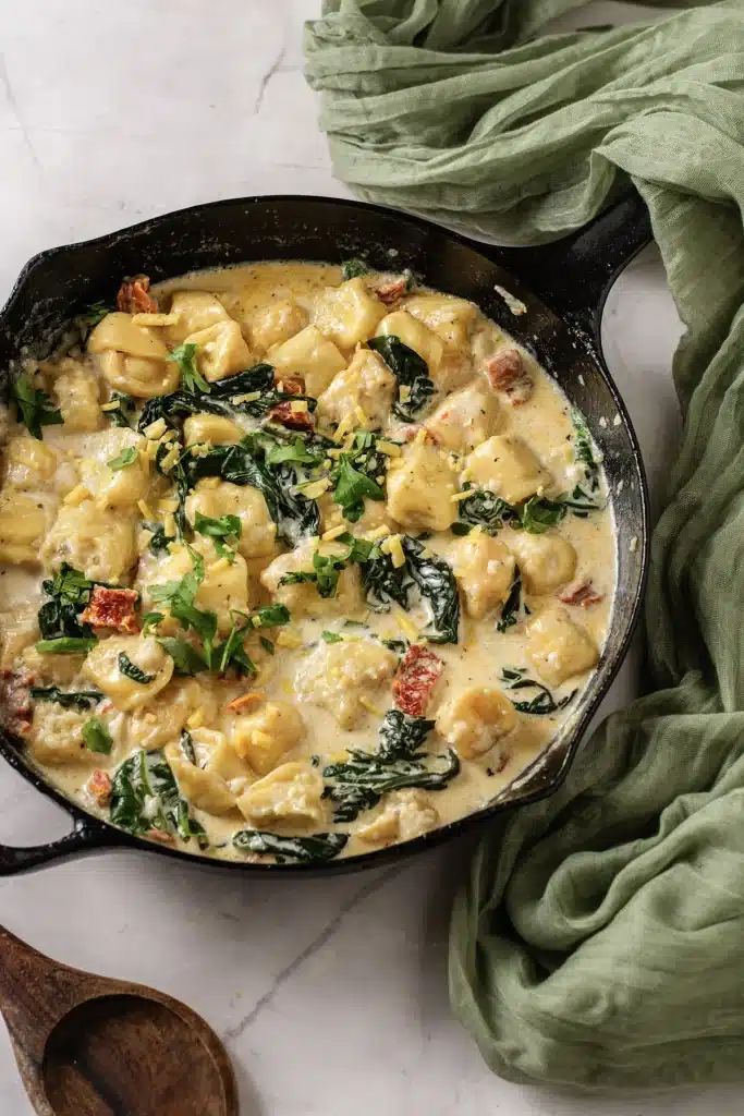 Marry me tortellini in a cast-iron skillet with wilted spinach, sun-dried tomatoes and Parmesan, seen from directly above