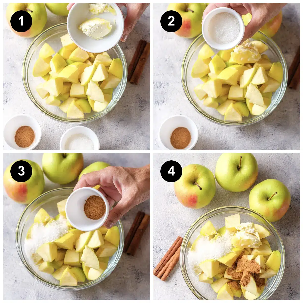 Four steps: butter added to a glass bowl of fruit chunks, sugar poured over, ground spice sprinkled in, then everything tossed together