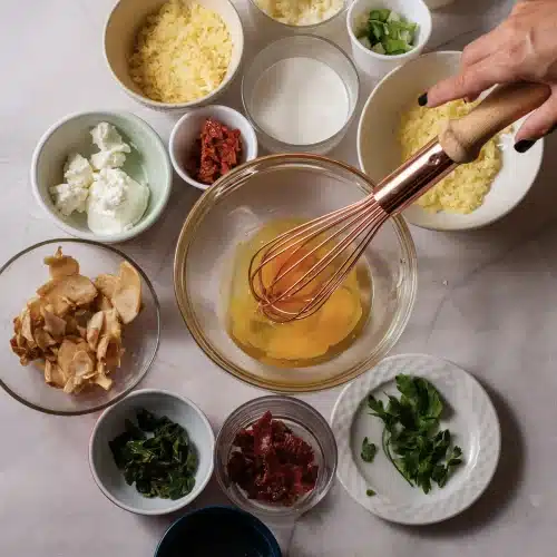Eggs whisked in a glass bowl with a copper whisk, dishes of fillings around it