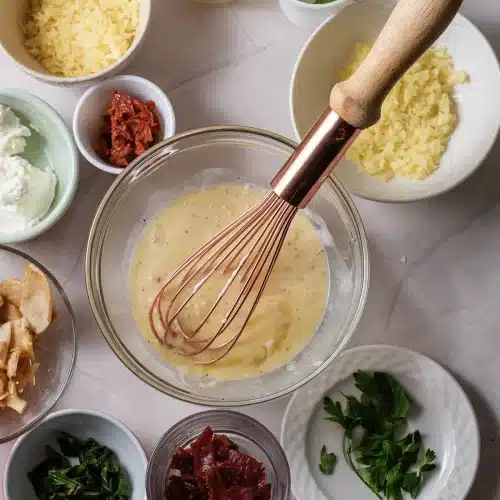 The custard whisked smooth and pale yellow in the glass bowl