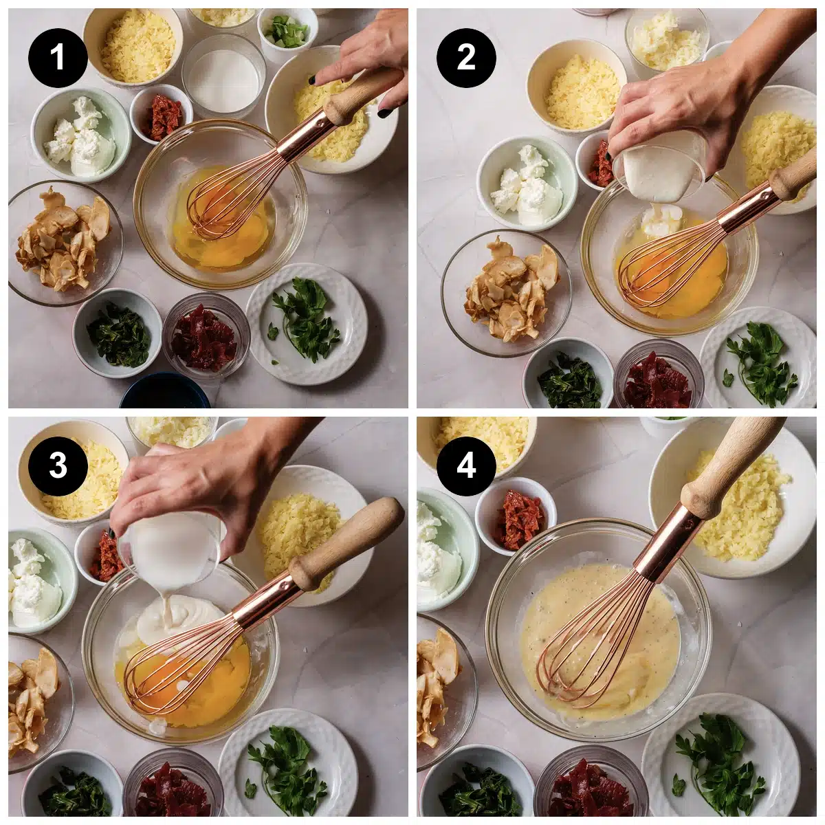Four steps: eggs whisked in a glass bowl, cream poured in, milk added, then the custard whisked smooth with dishes of fillings around it