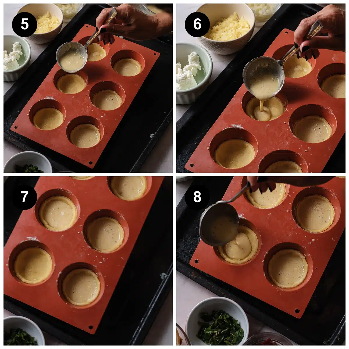 Four steps: custard ladled into pastry-lined cups of a red silicone mold, the cups filled, and the last cups topped up