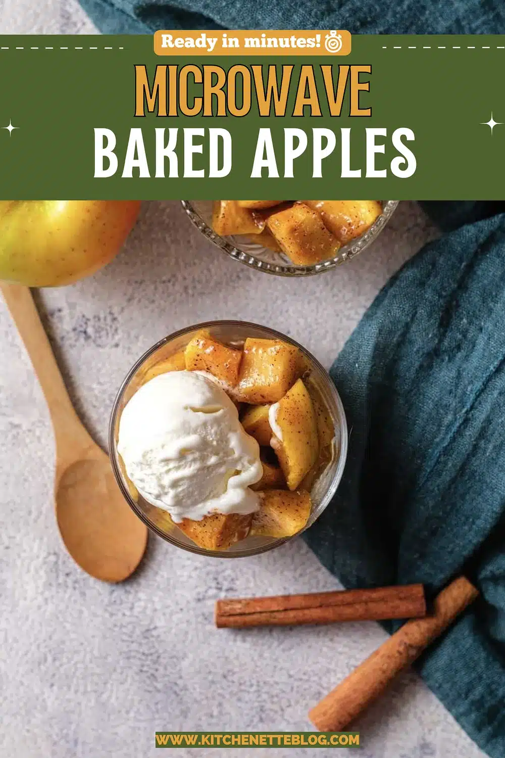 Two glass dessert cups of caramelized fruit chunks, one topped with vanilla ice cream, with a wooden spoon and spice sticks beside them