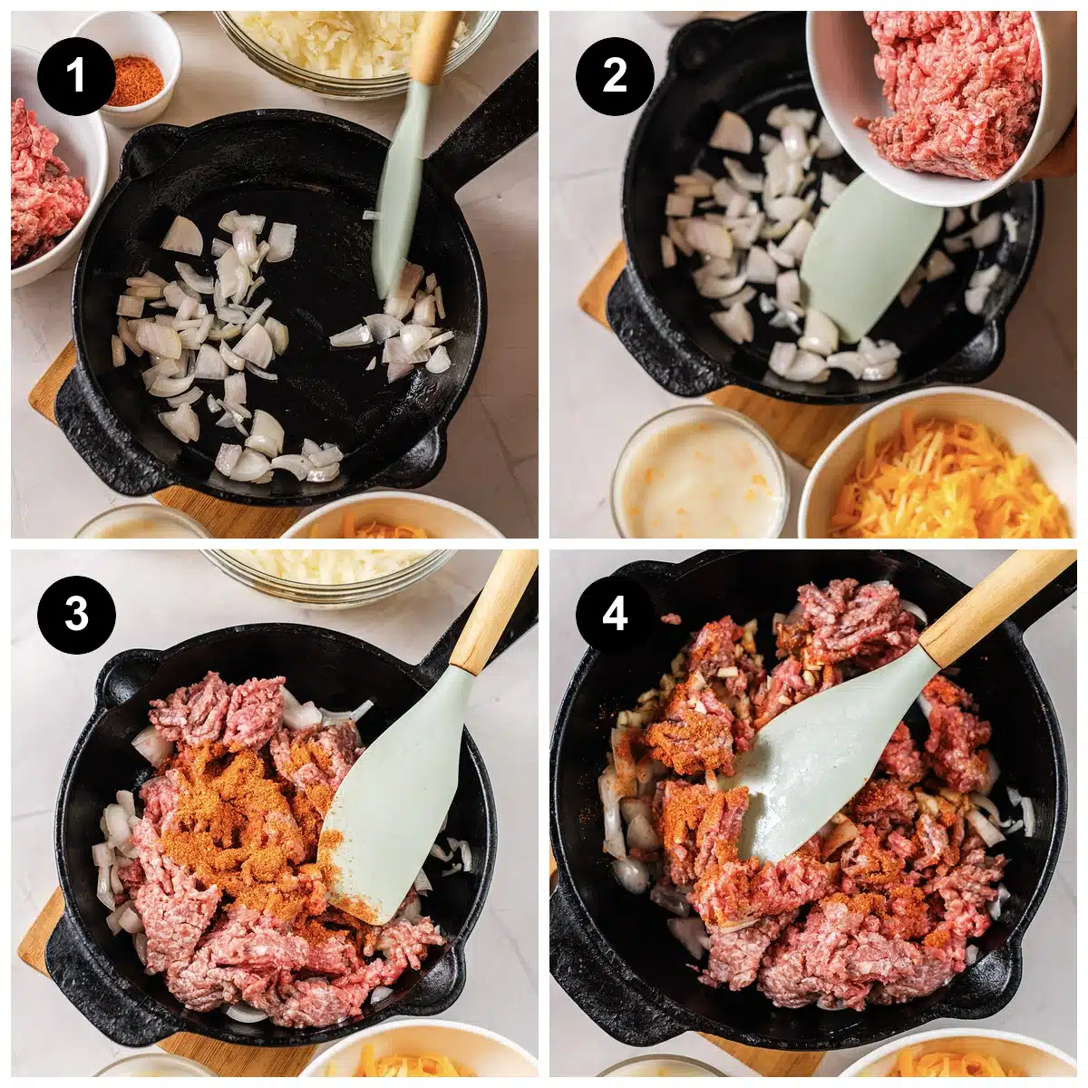 Four steps: diced onion in a cast-iron skillet, raw beef added, seasoning sprinkled over and stirred through