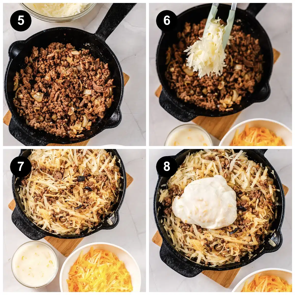 Four steps: the beef browned, hash browns added with tongs, stirred through, then sour cream spooned on top