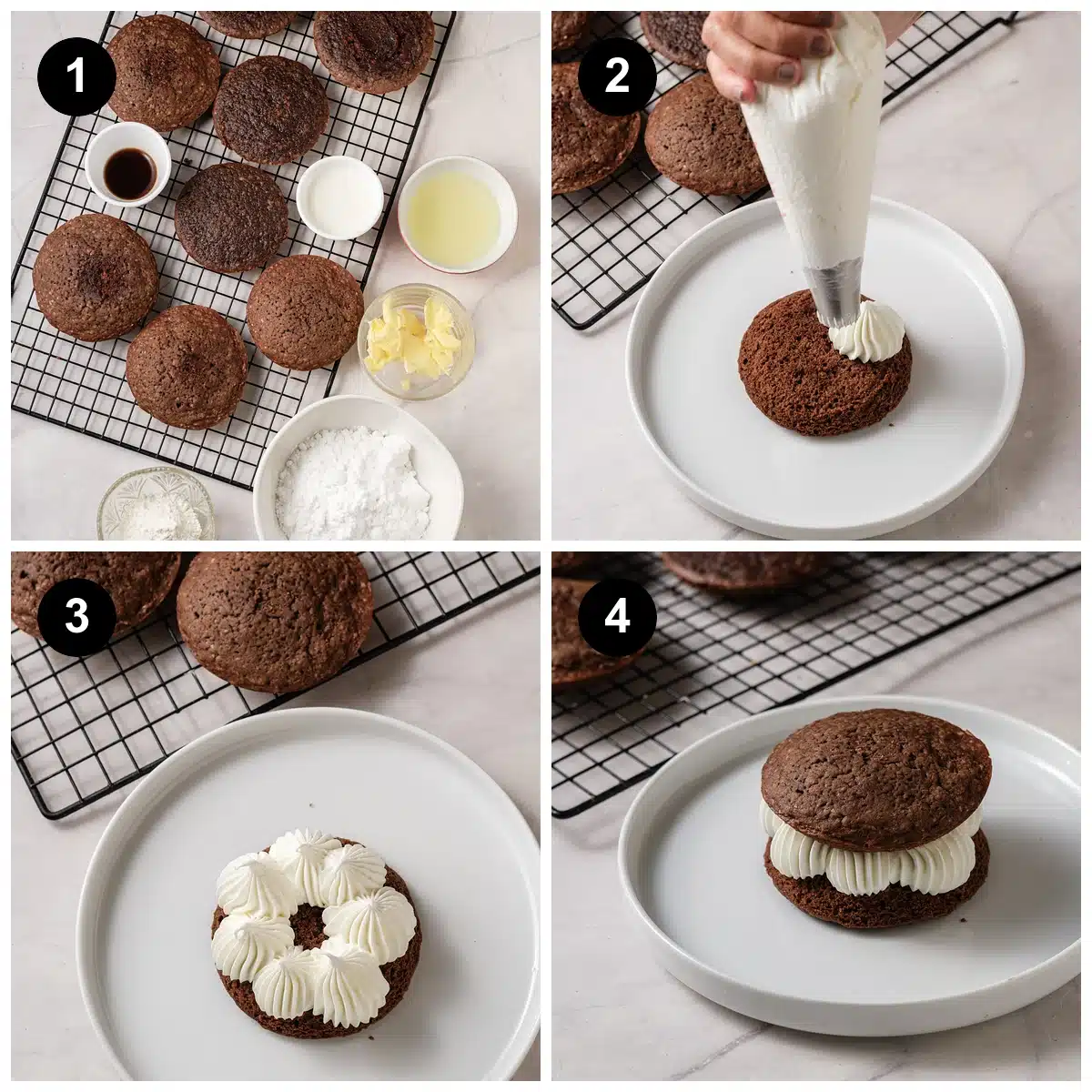 Four steps: baked cocoa cakes cooling on a rack, filling piped onto a cake, a ring of piped rosettes, and the finished sandwich on a plate